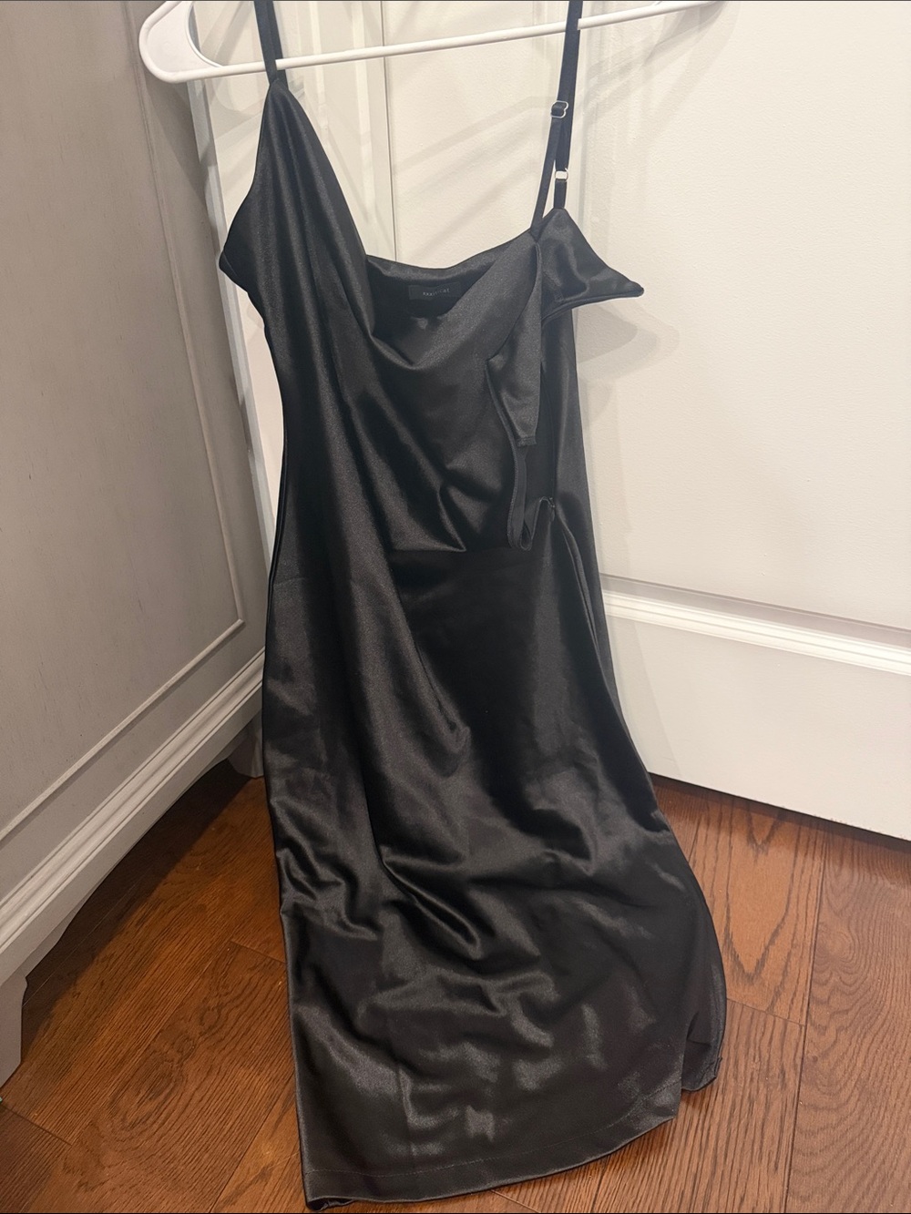 Elegant Black Satin Midi Slip Dress with Cowl Neck